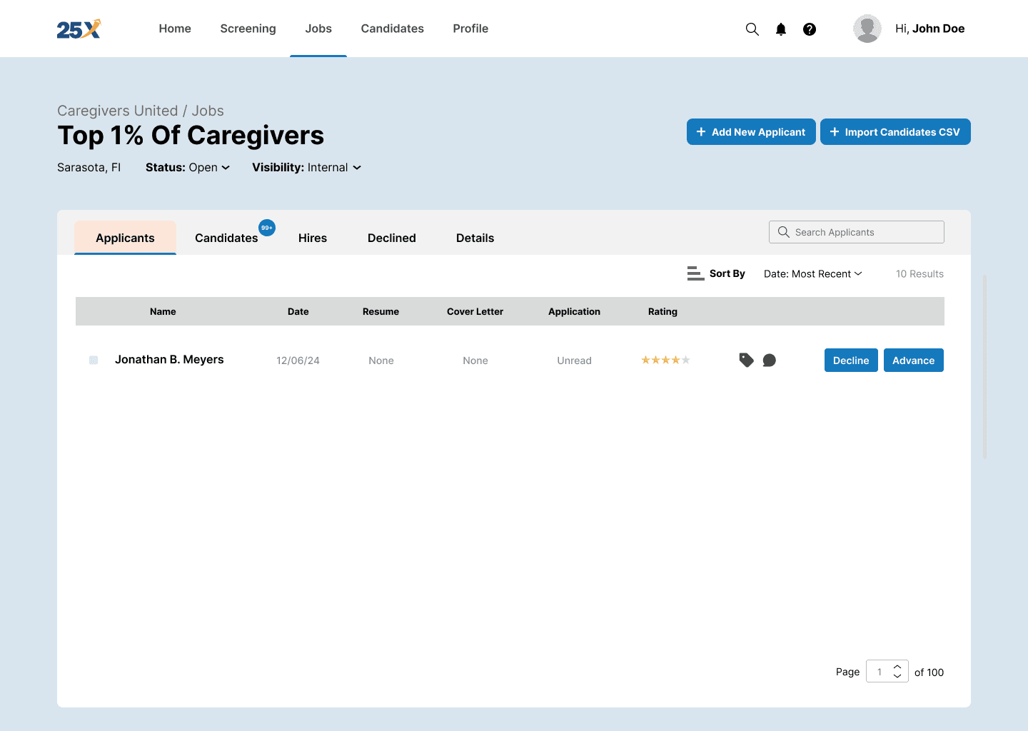 25x Applicants dashboard