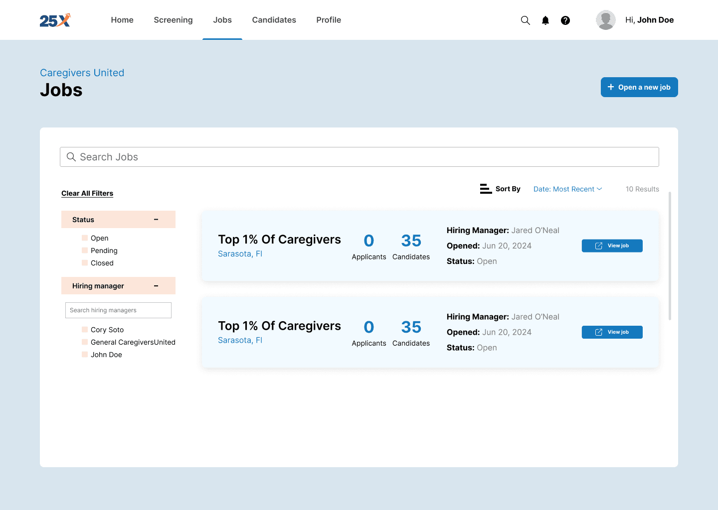 25x Jobs listing screen
