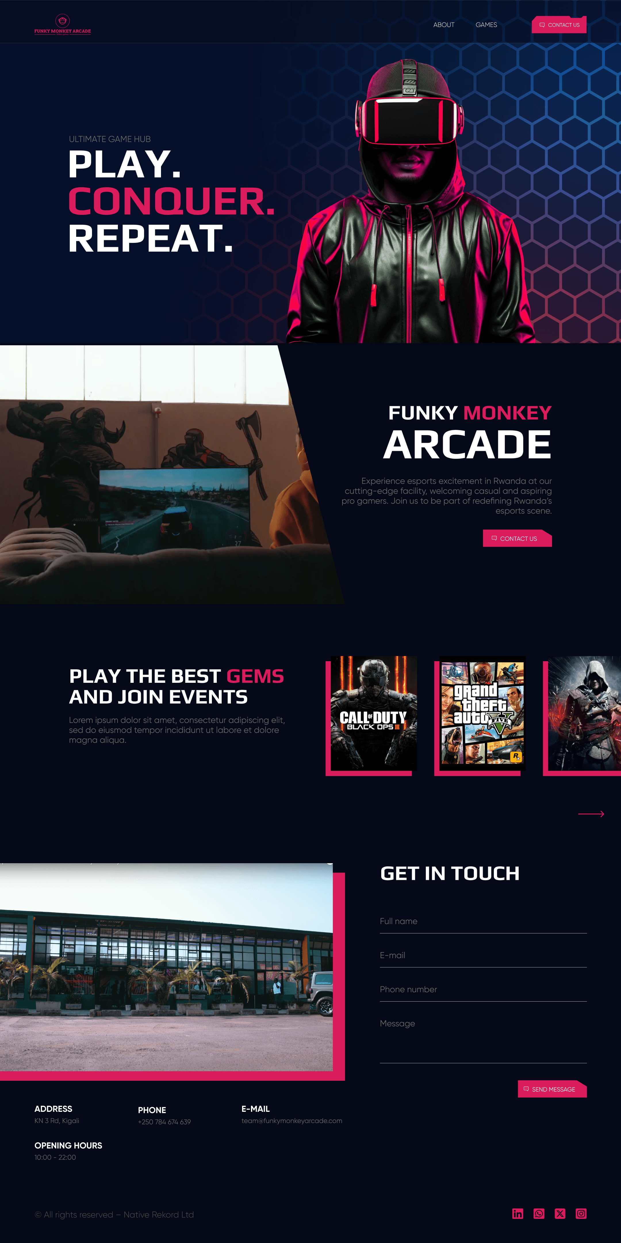 Funky Monkey Arcade desktop homepage design